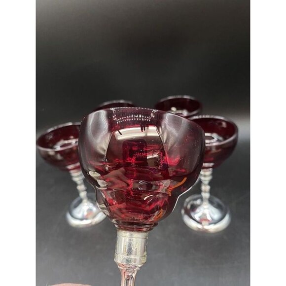 Moondrop Ruby Red Glass Cordial W/ Metal chrome Stem Martinsville Set 5 - Picture 10 of 12